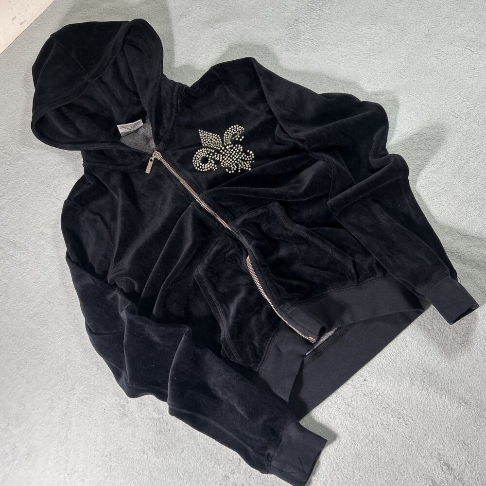 Y2k 2000s Gold Rhinestone Crosses Velour Hoodie Womens Small Track Warm Zip Up